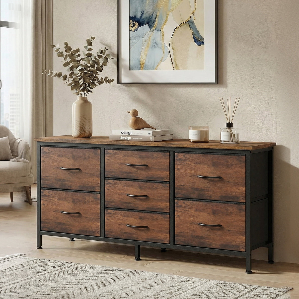 CONCETTA 7 Drawer Storage TV Dresser, Metal Frames Resist Deformation, Adjustable Feet Prevent Tipping, Accommodates TV Up to 55 inch, Suitable for Living Room, Rust Brown