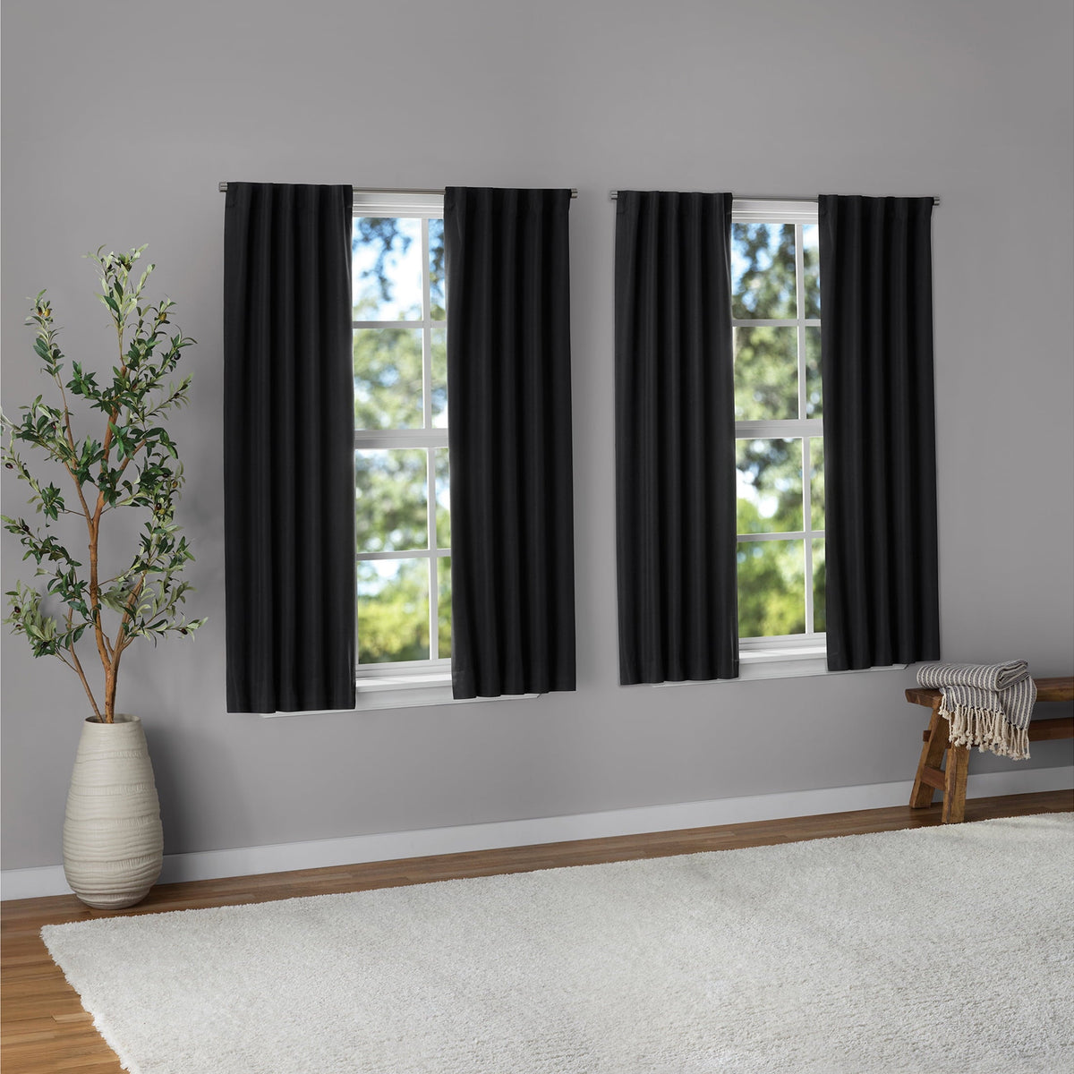 Mainstays Solid Black Blackout Curtain Panel Set with Back Tabs - 4 Pack, 30" x 63"
