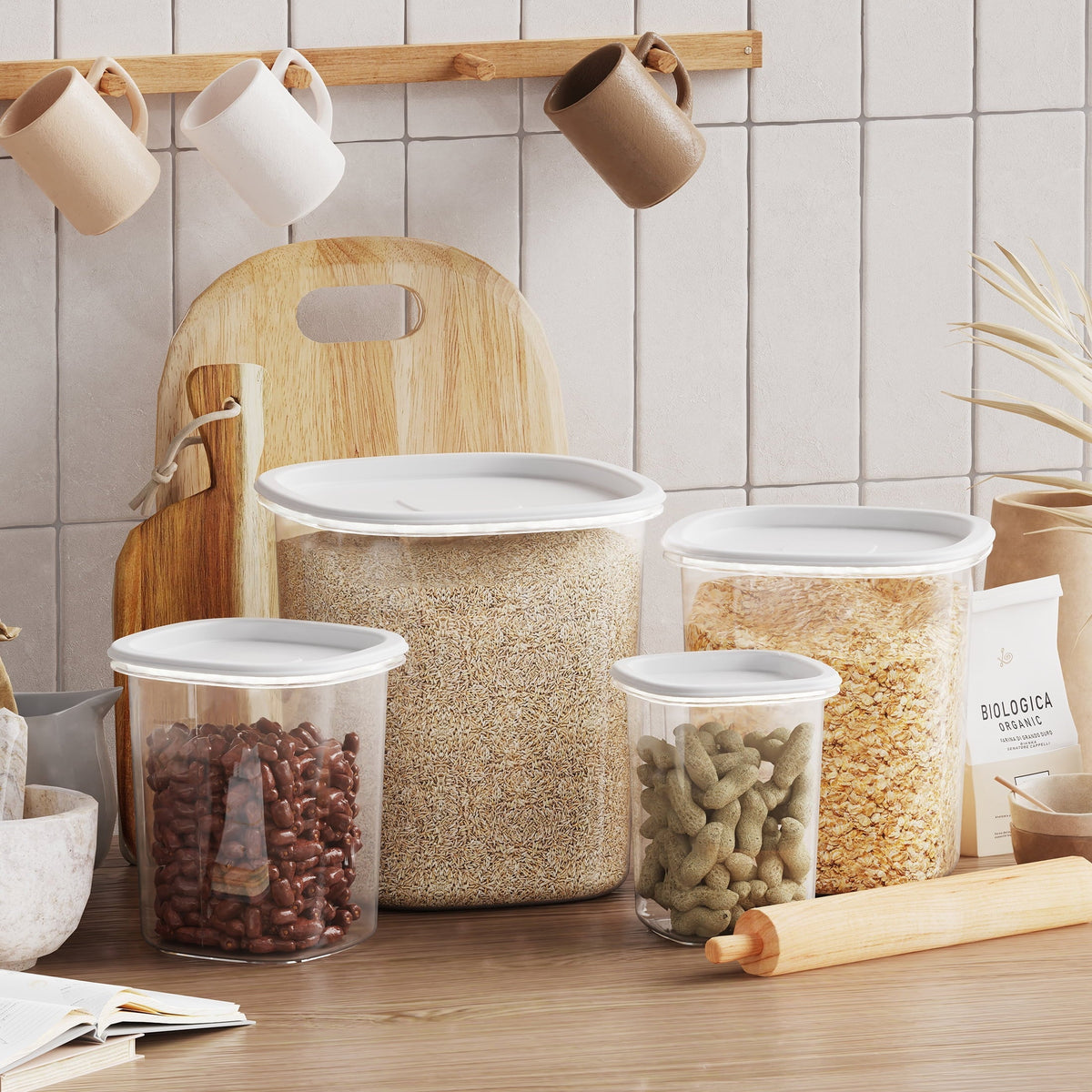 (4 pack) Mainstays 8-Piece Plastic Pantry Food Storage Container Set, Kitchen Pantry Organizer Canisters for Dry Food Storage and Pantry Organization