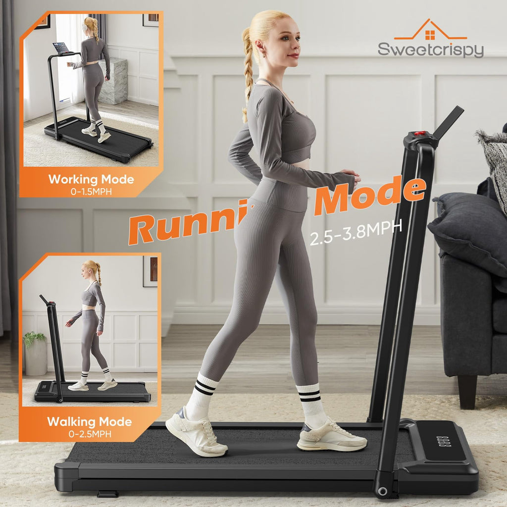 CONCETTA Foldable Walking Treadmill with Handrails, 2-in-1 Quiet Under Desk Treadmill for Home Office, Remote Control, LED Display, Black