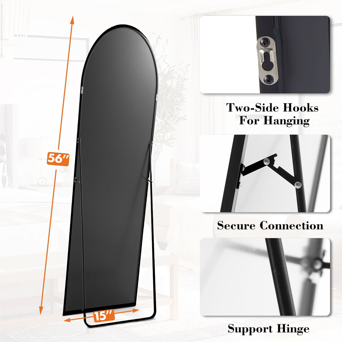CONCETTA 56"x15" Arched Full Length Mirror, Full Body Standing Mirror Floor Mirrors, Black