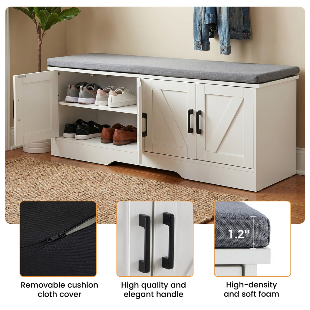 CONCETTA 47 Inch Width White Storage Bench, Padded Seat Entryway Shoe Bench Featuring 4 Barn Doors and Adjustable Storage Shelf