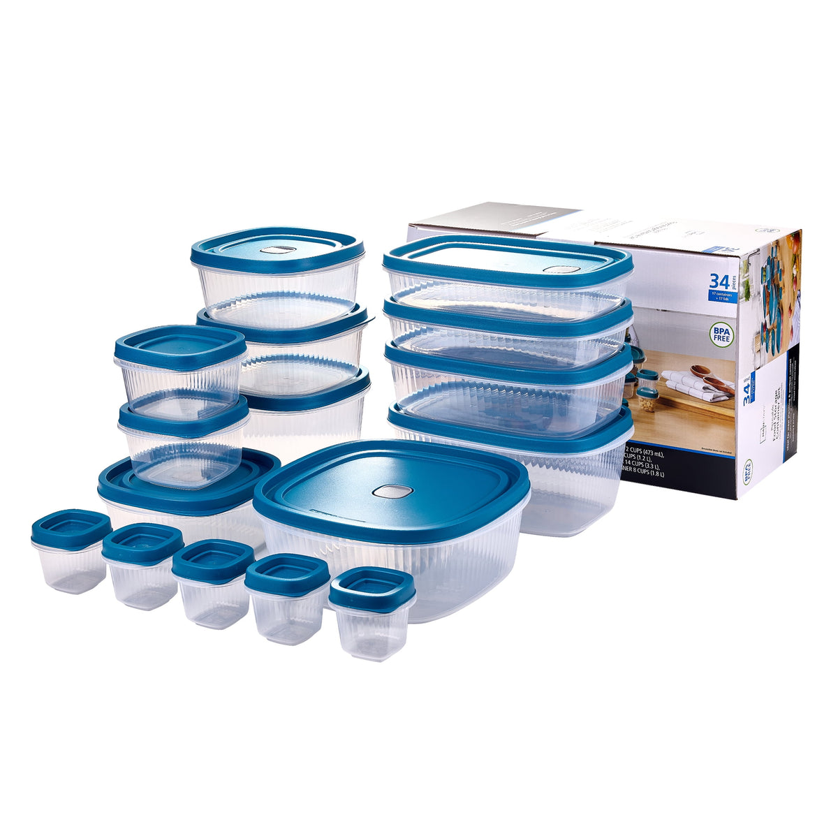 (2 pack) Mainstays Reusable Food Storage Containers Set, Plastic, Multi-Size, 34 Pieces, 17 Containers and 17 Lids
