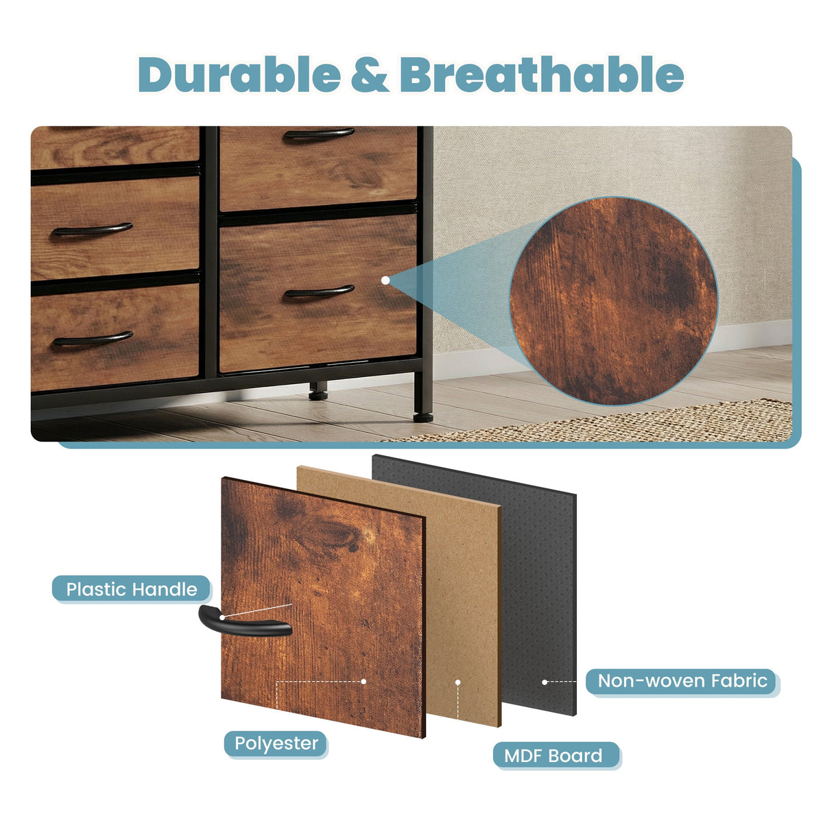 CONCETTA 7 Drawer Storage TV Dresser, Metal Frames Resist Deformation, Adjustable Feet Prevent Tipping, Accommodates TV Up to 55 inch, Suitable for Living Room, Rust Brown