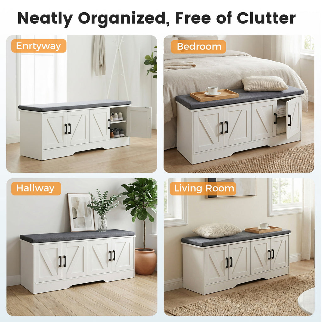 CONCETTA 47 Inch Width White Storage Bench, Padded Seat Entryway Shoe Bench Featuring 4 Barn Doors and Adjustable Storage Shelf
