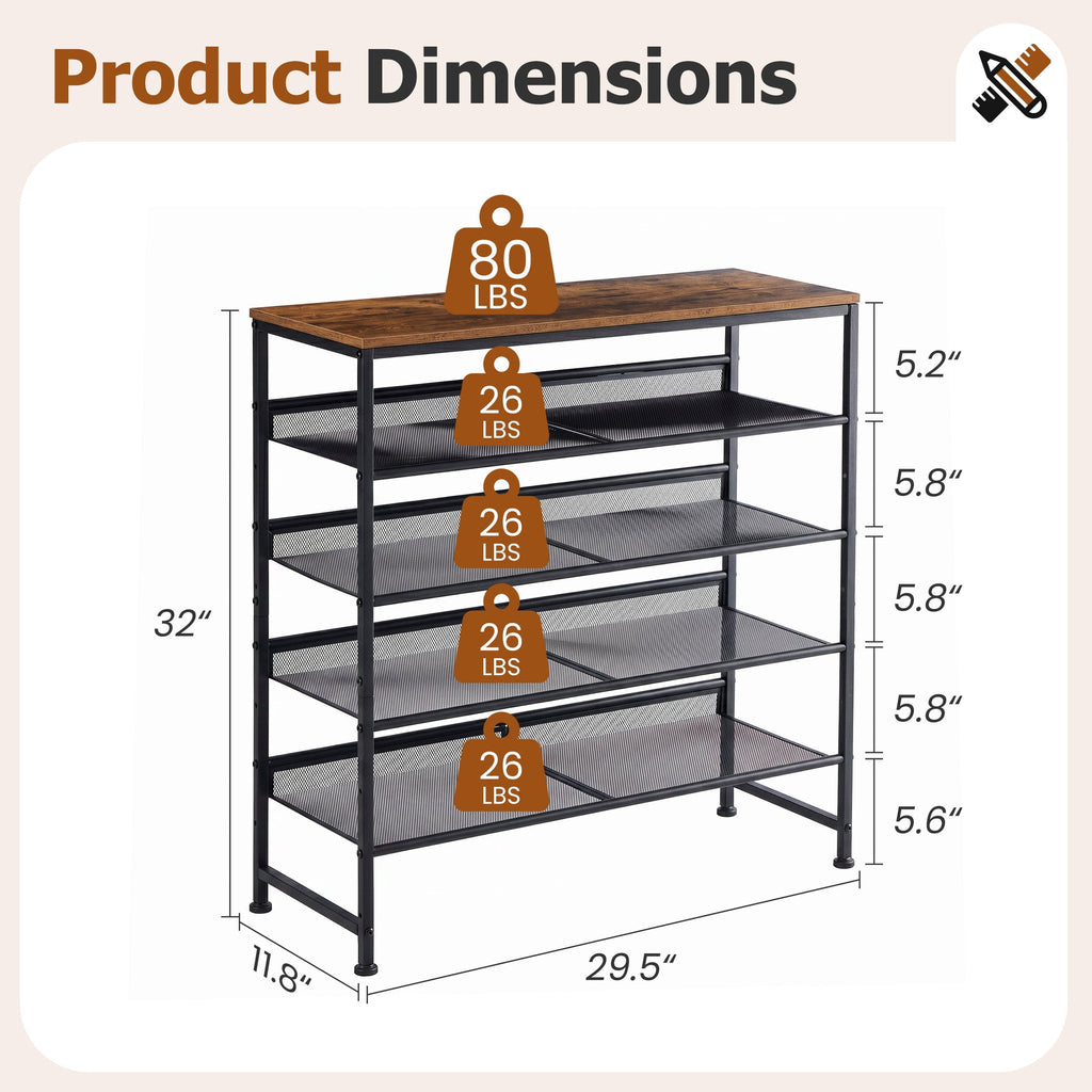 CONCETTA 5-Tier Adjustable Shoe Rack Antique Wood Mesh Metal Shelves Wooden Top for Entryway