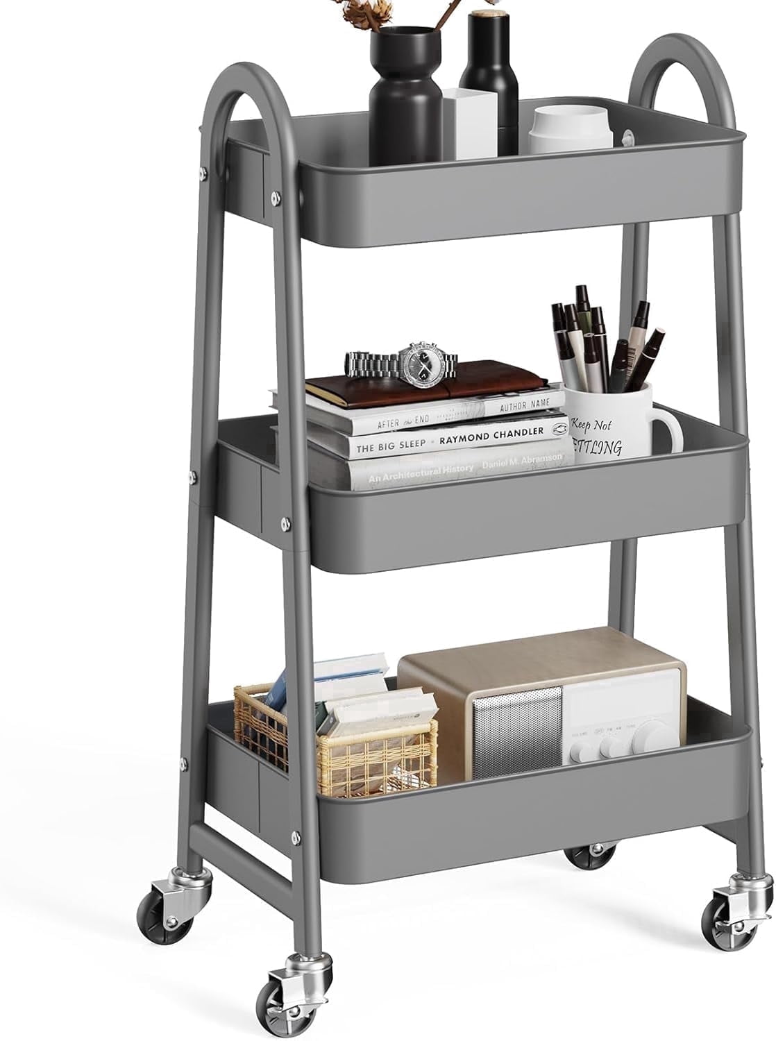 CONCETTA 3-Tier Utility Rolling Cart, Metal Mobile Storage Rack with Lockable Castors for Office, School, Bathroom, Gray
