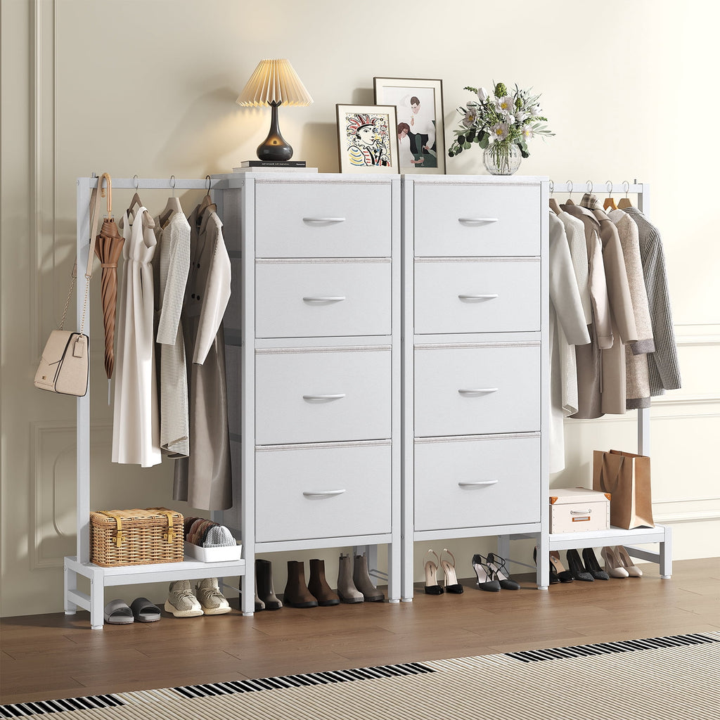 CONCETTA 4 Drawers Dresser with Hanging Rack, 44-inch Tall Reversible Fabric Chest, Bedroom Storage Tower, White
