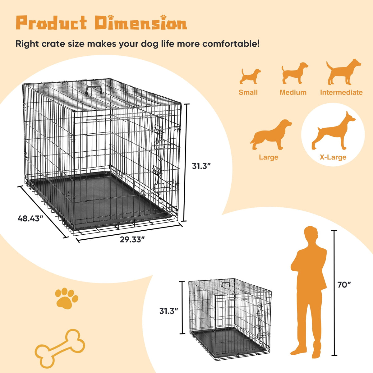 CONCETTA 48 inch Double-Door Folding Dog Crate, Portable Small Cage with Divider, Leak-Proof Tray