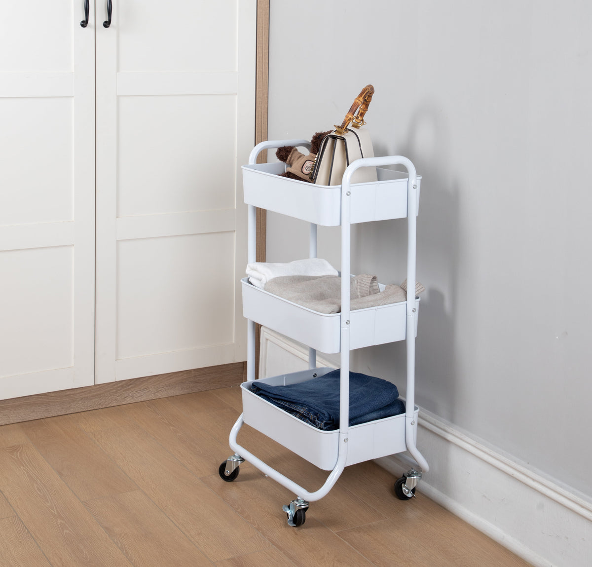 Mainstays 3-Tier Metal Laundry Cart, Arctic White, Rolling
