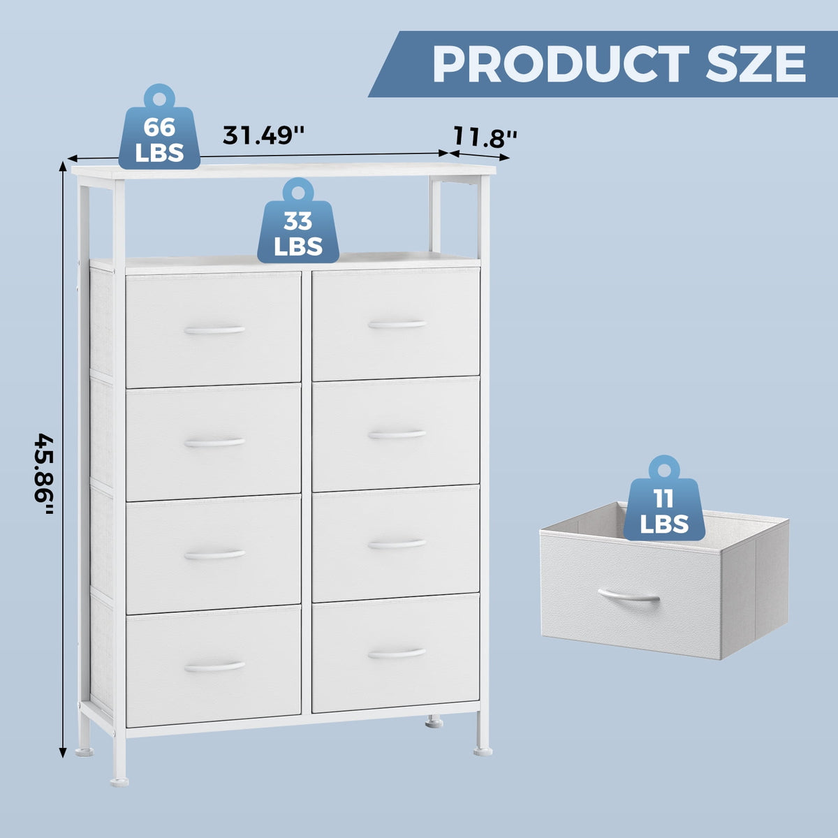 CONCETTA 8-Drawer Fabric Dresser with Open Shelf, Tall  Storage Organizer for Bedroom Closet, Living Room, Hallway, White