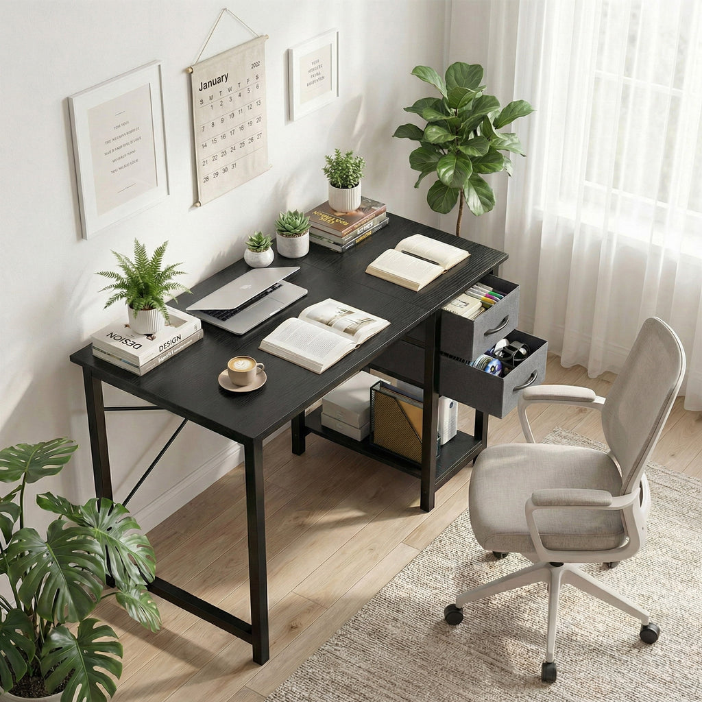 CONCETTA 40in Small Computer Desk with 2 Drawers, Side Headphone Hook, Writing Work Study Desk for Home, Black Wood