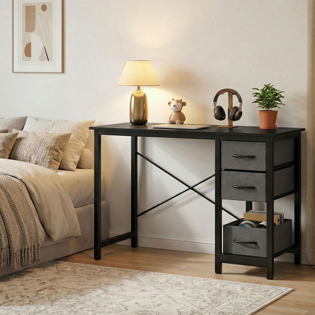 CONCETTA 40in Small Computer Desk with 2 Drawers, Side Headphone Hook, Writing Work Study Desk for Home, Black Wood