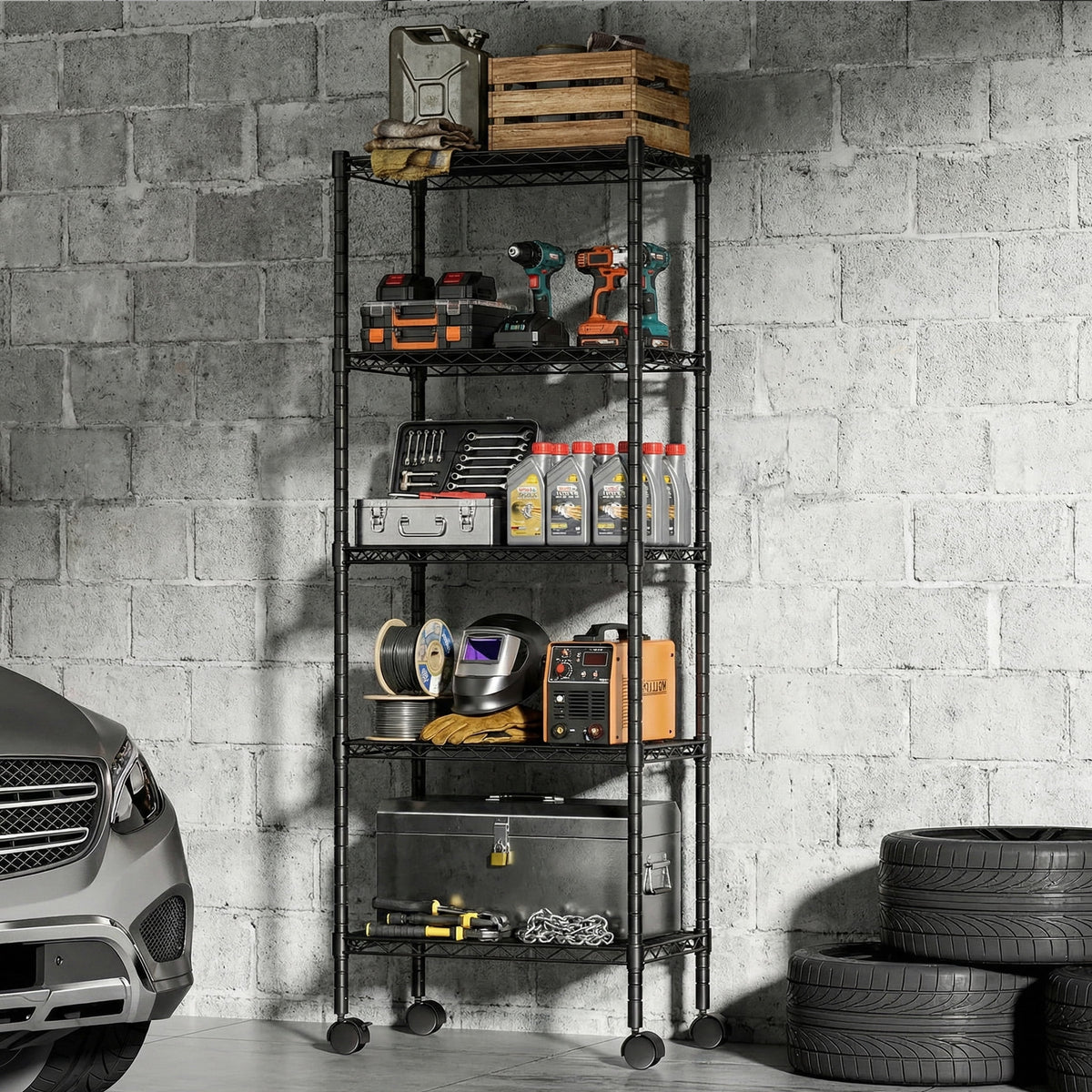 CONCETTA 5 Tier Heavy Duty Storage Shelves with Wheels, Adjustable Shelving Unit for Garage Kitchen Pantry, 200 lbs per Shelf, Black, 23" L x 13" W x 59" H