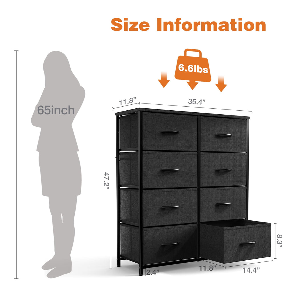 CONCETTA 8-Drawer Fabric Dresser Storage Chest for Bedroom, Closet, Entryway, Storage Furniture for Adults, Black