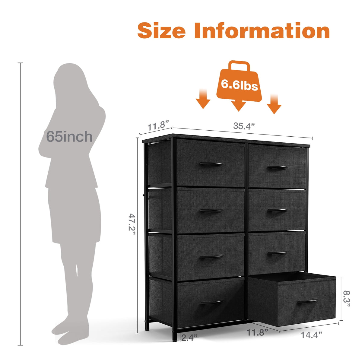CONCETTA 8-Drawer Fabric Dresser Storage Chest for Bedroom, Closet, Entryway, Storage Furniture for Adults, Black