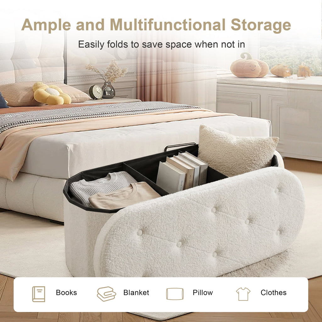 CONCETTA 43in Ottoman with Storage, Folding Foot Rest for Living Room & Bedroom, Versatile Home Bench in Soft Teddy Fabric, White