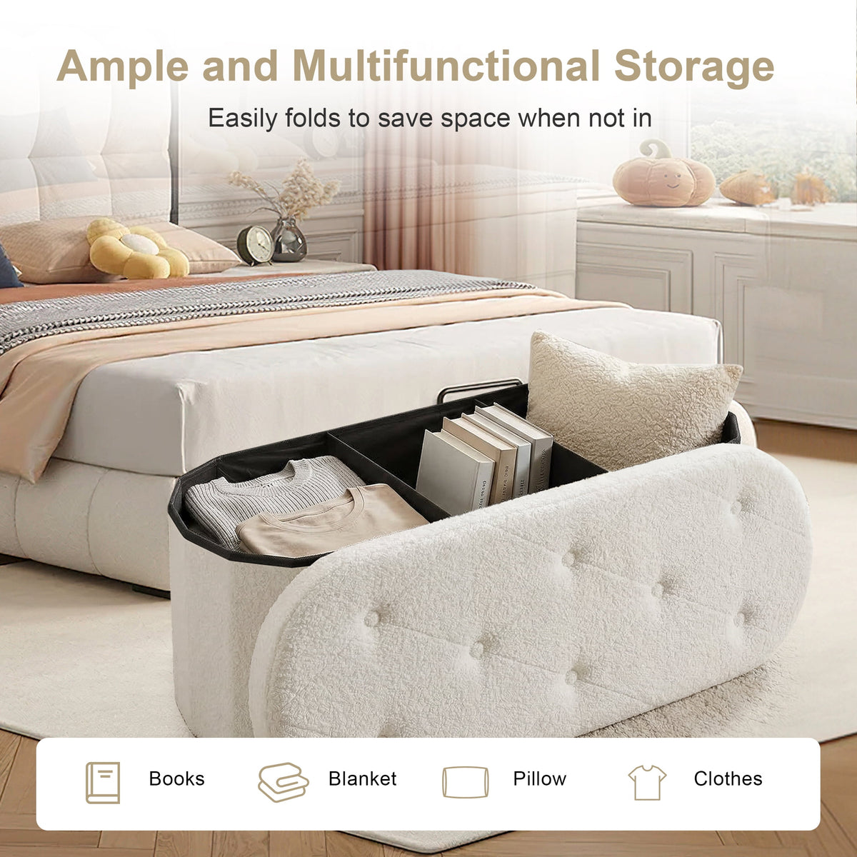 CONCETTA 43in Ottoman with Storage, Folding Foot Rest for Living Room & Bedroom, Versatile Home Bench in Soft Teddy Fabric, White