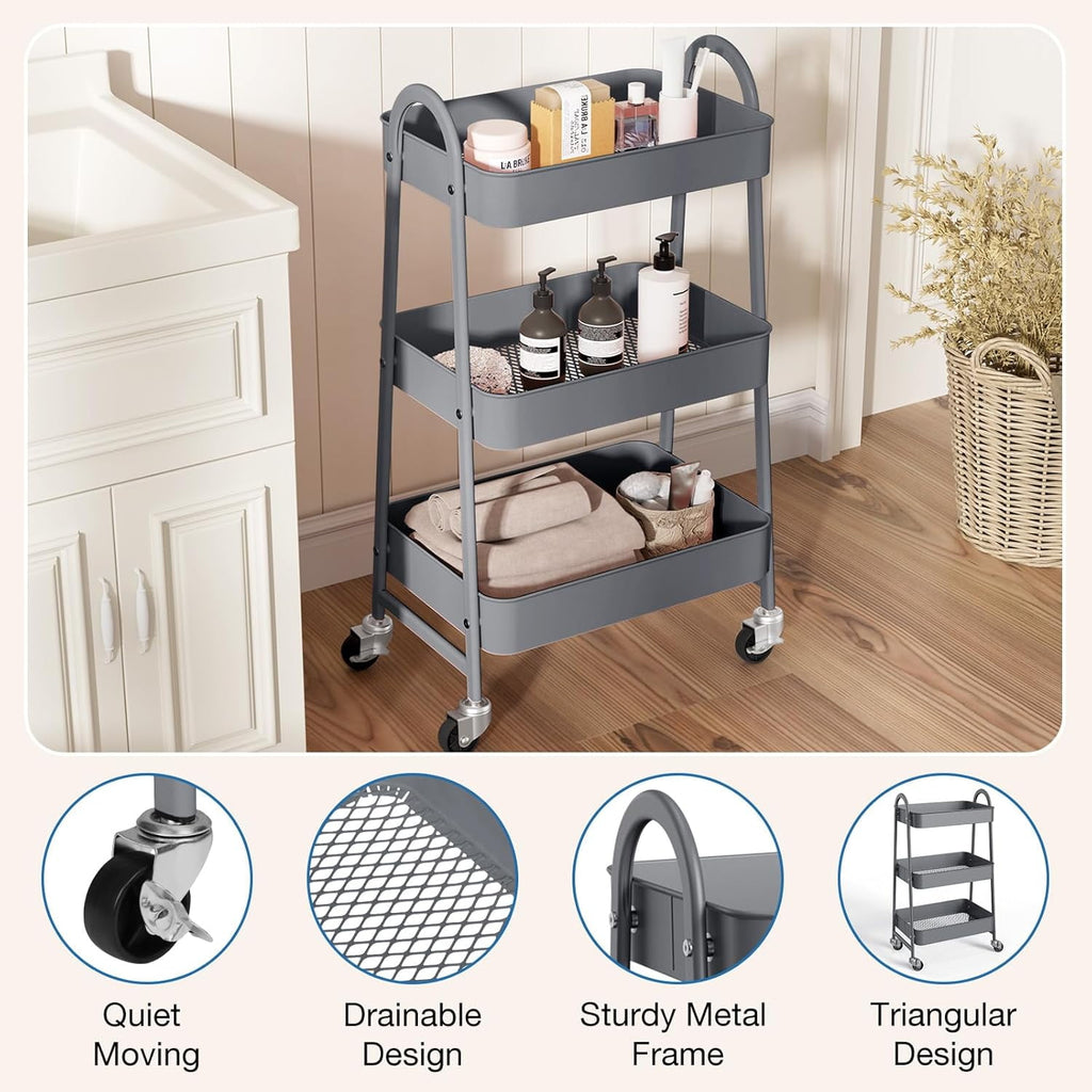 CONCETTA 3-Tier Utility Rolling Cart, Metal Mobile Storage Rack with Lockable Castors for Office, School, Bathroom, Gray