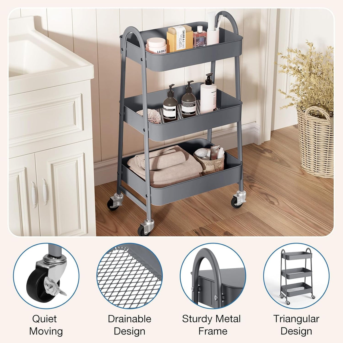 CONCETTA 3-Tier Utility Rolling Cart, Metal Mobile Storage Rack with Lockable Castors for Office, School, Bathroom, Gray