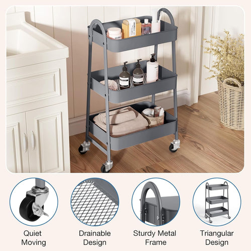 CONCETTA 3-Tier Utility Rolling Cart, Metal Mobile Storage Rack with Lockable Castors for Office, School, Bathroom, Gray