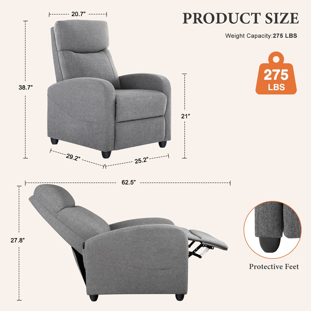 CONCETTA Vibration Massage Recliner Chair, 160 deg Reclining Small Sofa for Living Room & Home Theater, 275lbs Capacity, Relaxing Comfort, Gray