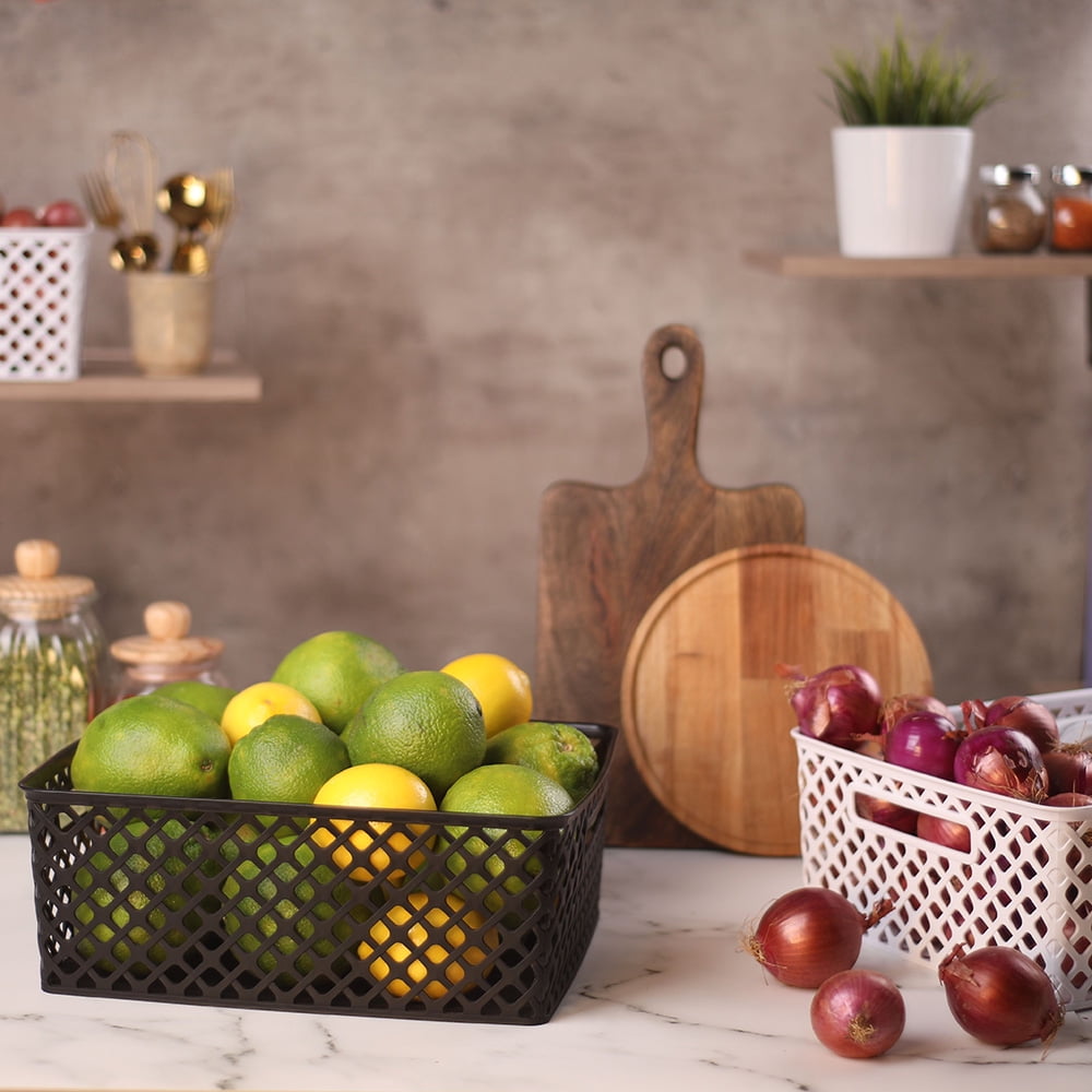 (6 pack) Mainstays Small White Decorative Plastic Storage Basket, 10 in x 7.9 in x 4 in