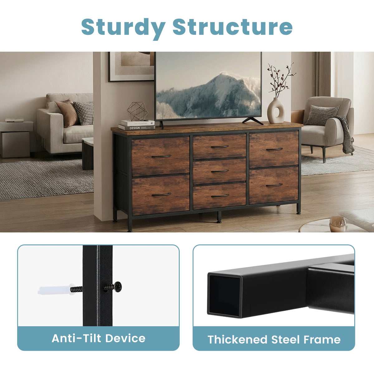 CONCETTA 7 Drawer Storage TV Dresser, Metal Frames Resist Deformation, Adjustable Feet Prevent Tipping, Accommodates TV Up to 55 inch, Suitable for Living Room, Rust Brown