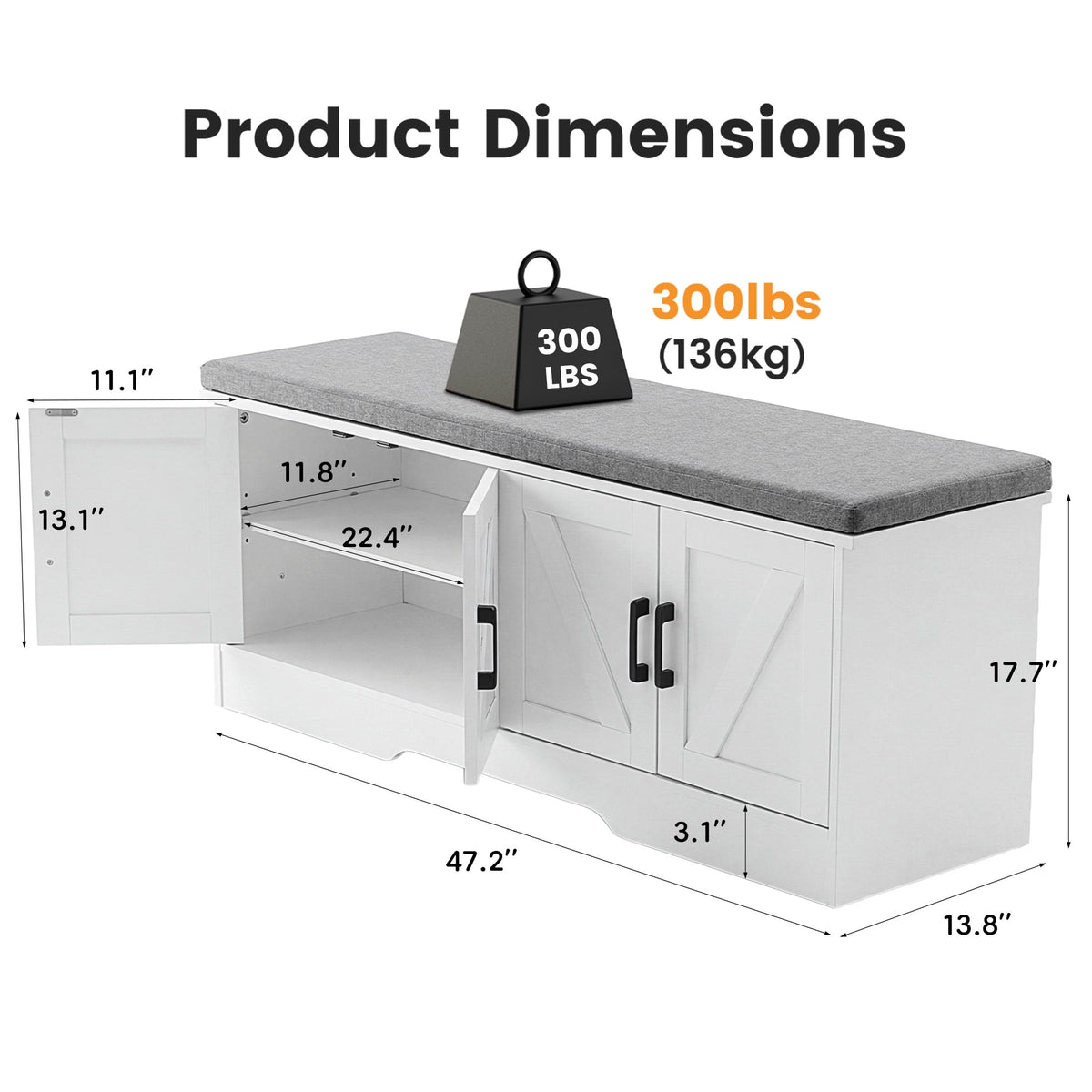 CONCETTA 47 Inch Width White Storage Bench, Padded Seat Entryway Shoe Bench Featuring 4 Barn Doors and Adjustable Storage Shelf
