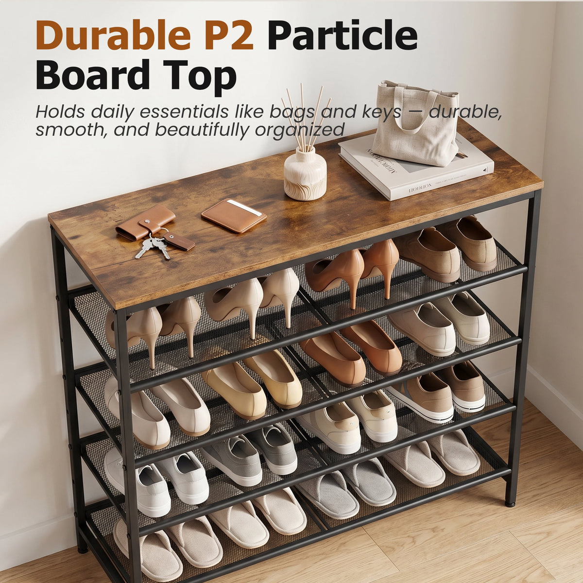 CONCETTA 5-Tier Adjustable Shoe Rack Antique Wood Mesh Metal Shelves Wooden Top for Entryway