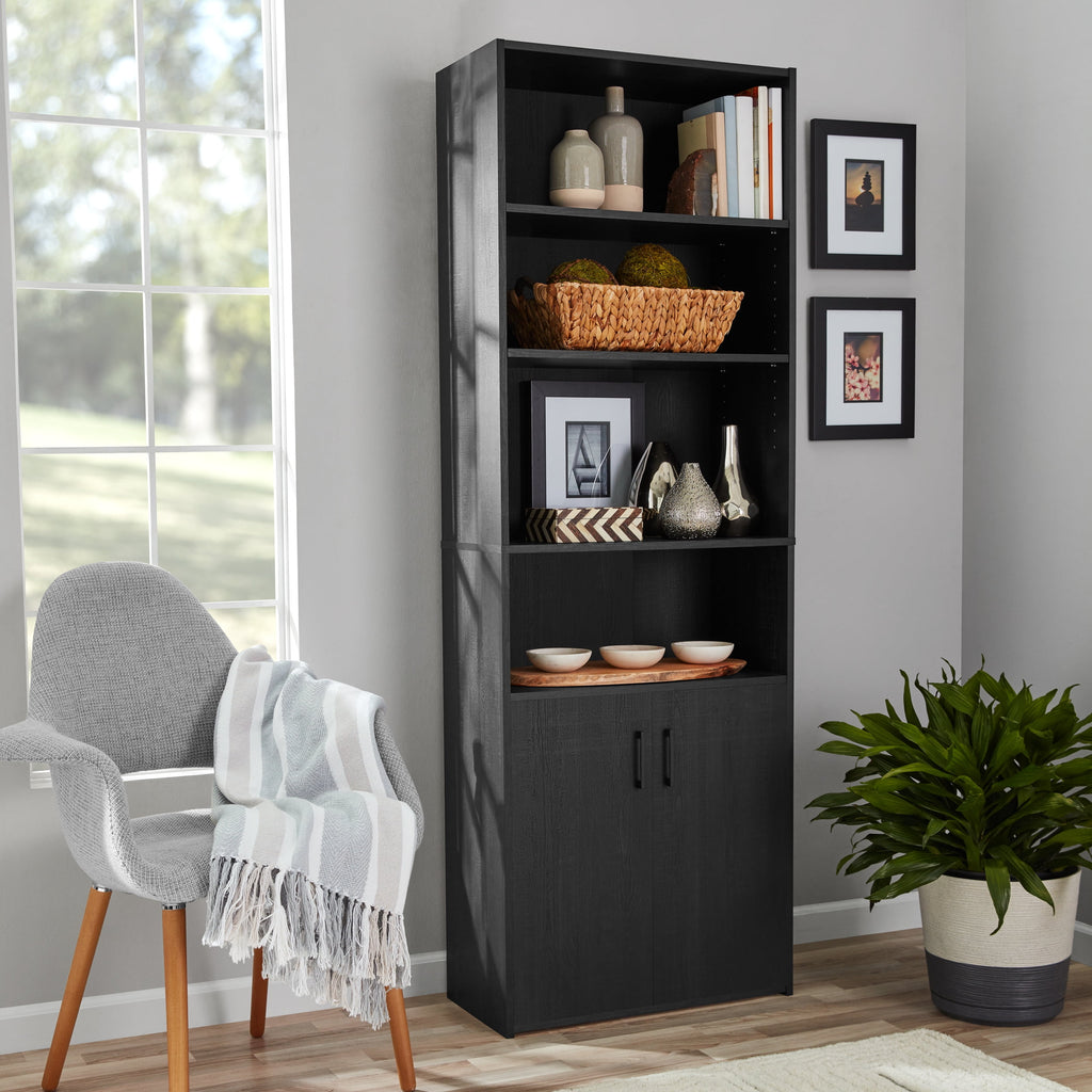 Mainstays 5 Shelf Bookcase with Doors, Black Finish