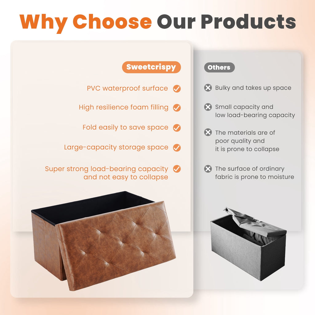CONCETTA 30" Storage Ottoman Bench, Foldable Storage Chest, End of Bed Foot Stool with Padded Seat, Bedroom Bench, Support 660lbs, PVC Brown