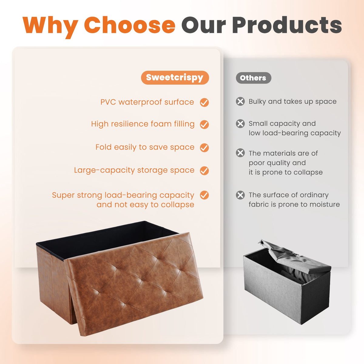 CONCETTA 30" Storage Ottoman Bench, Foldable Storage Chest, End of Bed Foot Stool with Padded Seat, Bedroom Bench, Support 660lbs, PVC Brown