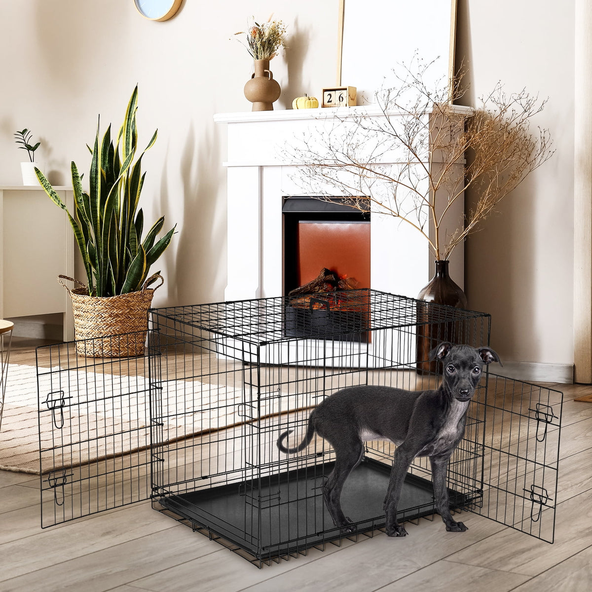 CONCETTA 48 inch Double-Door Folding Dog Crate, Portable Small Cage with Divider, Leak-Proof Tray