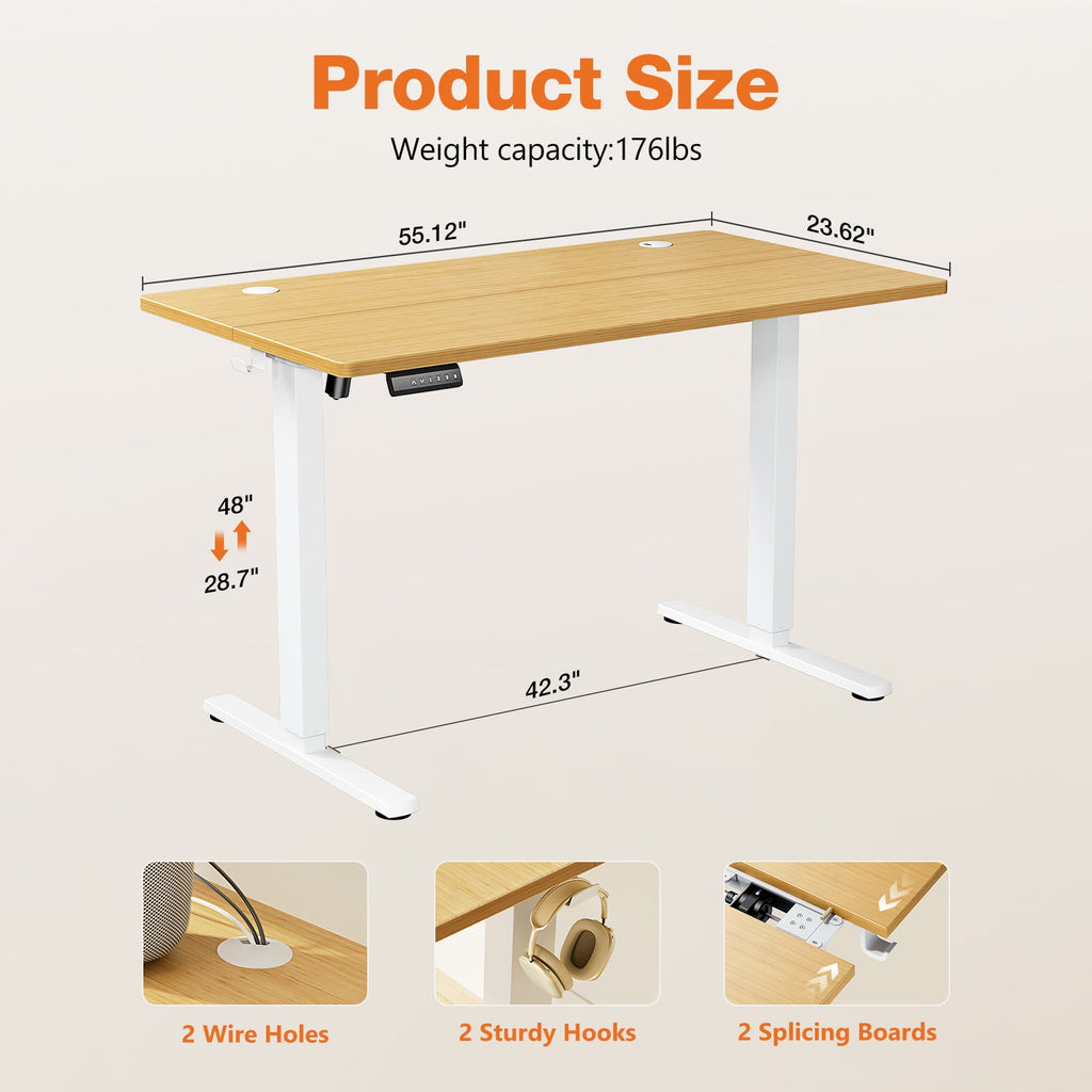 CONCETTA Electric Height Adjustable Desk, 55"x24" Ergonomic Sit Stand Workstation, One-Touch Lift Home Office Desk, Oak