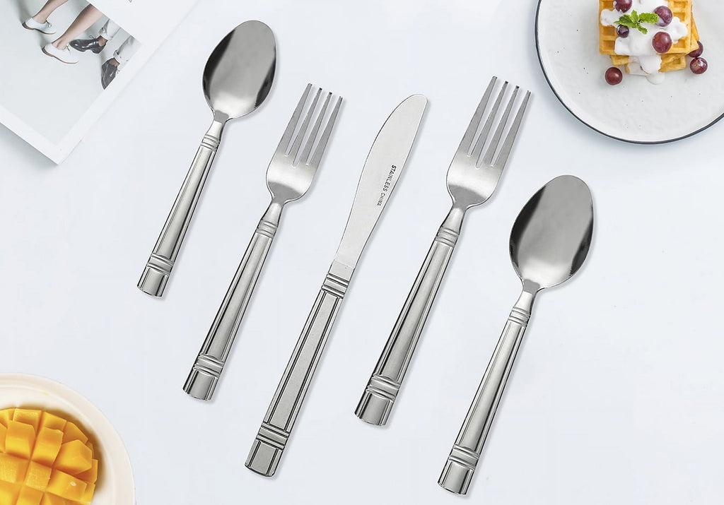 (4 pack) Mainstays 49 Piece Elena Adult Stainless Steel Flatware and Organizer Tray Value Set Silver, Service for 8