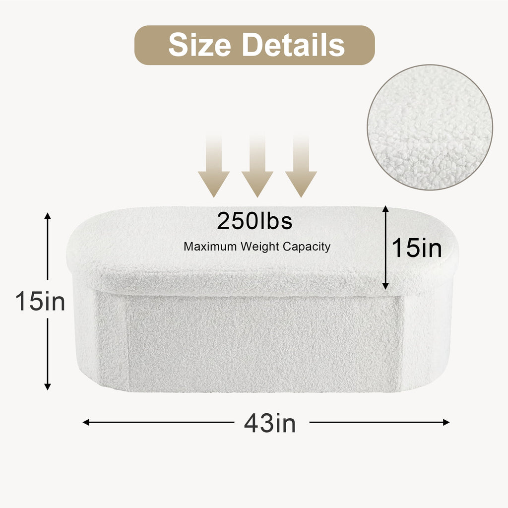 CONCETTA 43in Ottoman with Storage, Folding Foot Rest for Living Room & Bedroom, Versatile Home Bench in Soft Teddy Fabric, White