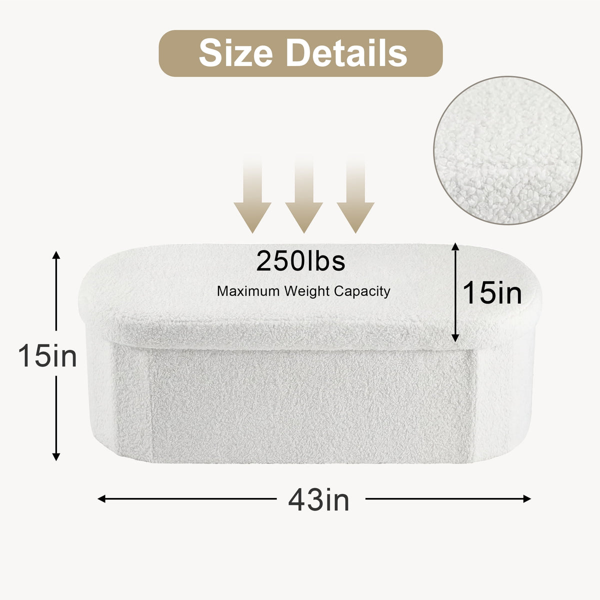 CONCETTA 43in Ottoman with Storage, Folding Foot Rest for Living Room & Bedroom, Versatile Home Bench in Soft Teddy Fabric, White
