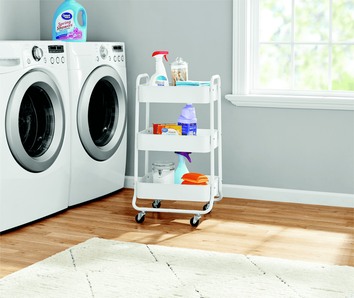 Mainstays 3-Tier Metal Laundry Cart, Arctic White, Rolling