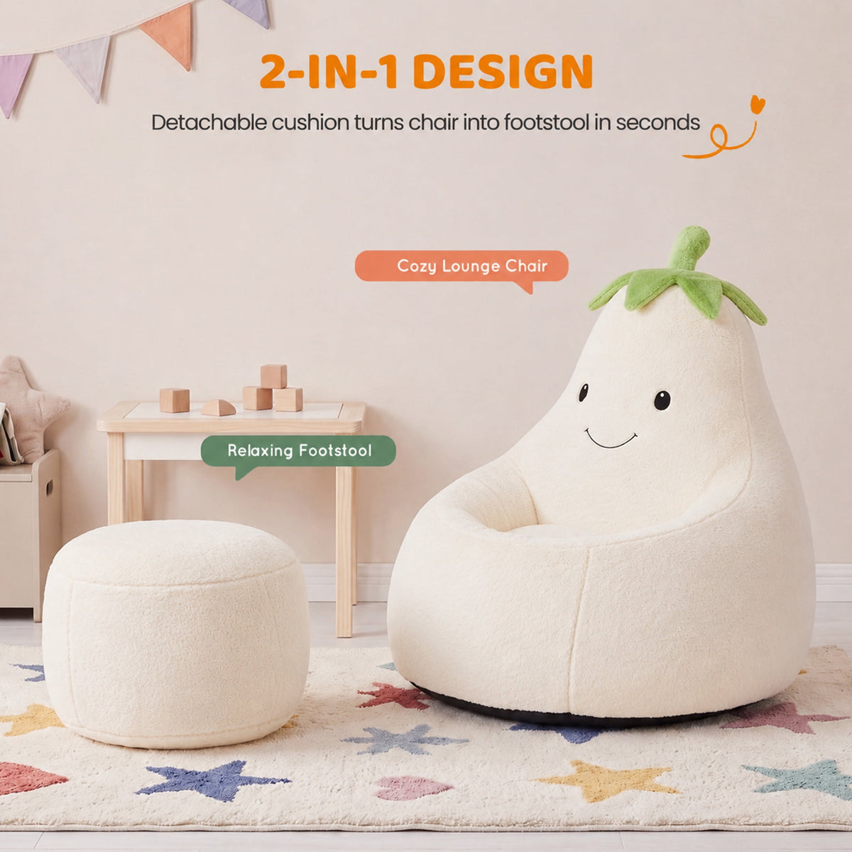 CONCETTA 24in Bean Bag Chair, Soft Faux Rabbit Fur Fabric, Cute Eggplant Lazy Chair for Kids, Living Rooms, Beige