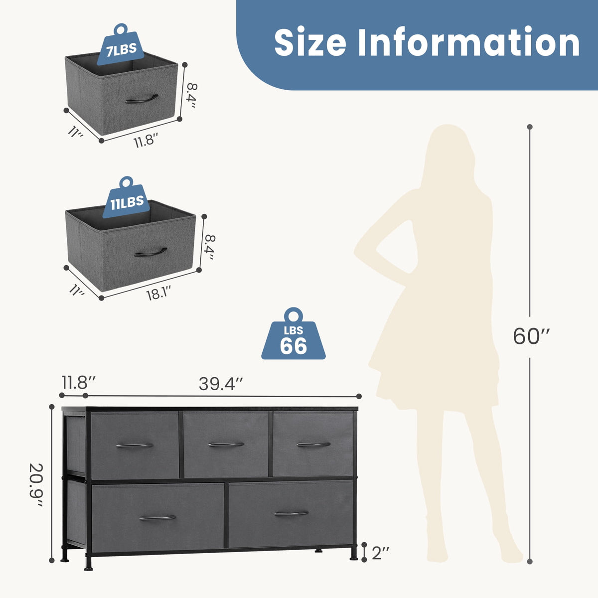 CONCETTA Dresser 5 Fabric Storage Drawer Dresser, TV Stand, Chest of Drawers for Bedroom, Closet, Entryway, Living Room, Gray