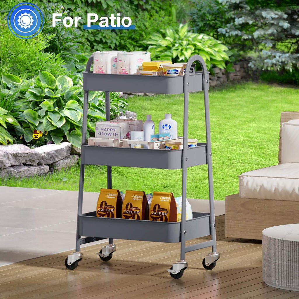 CONCETTA 3-Tier Utility Rolling Cart, Metal Mobile Storage Rack with Lockable Castors for Office, School, Bathroom, Gray