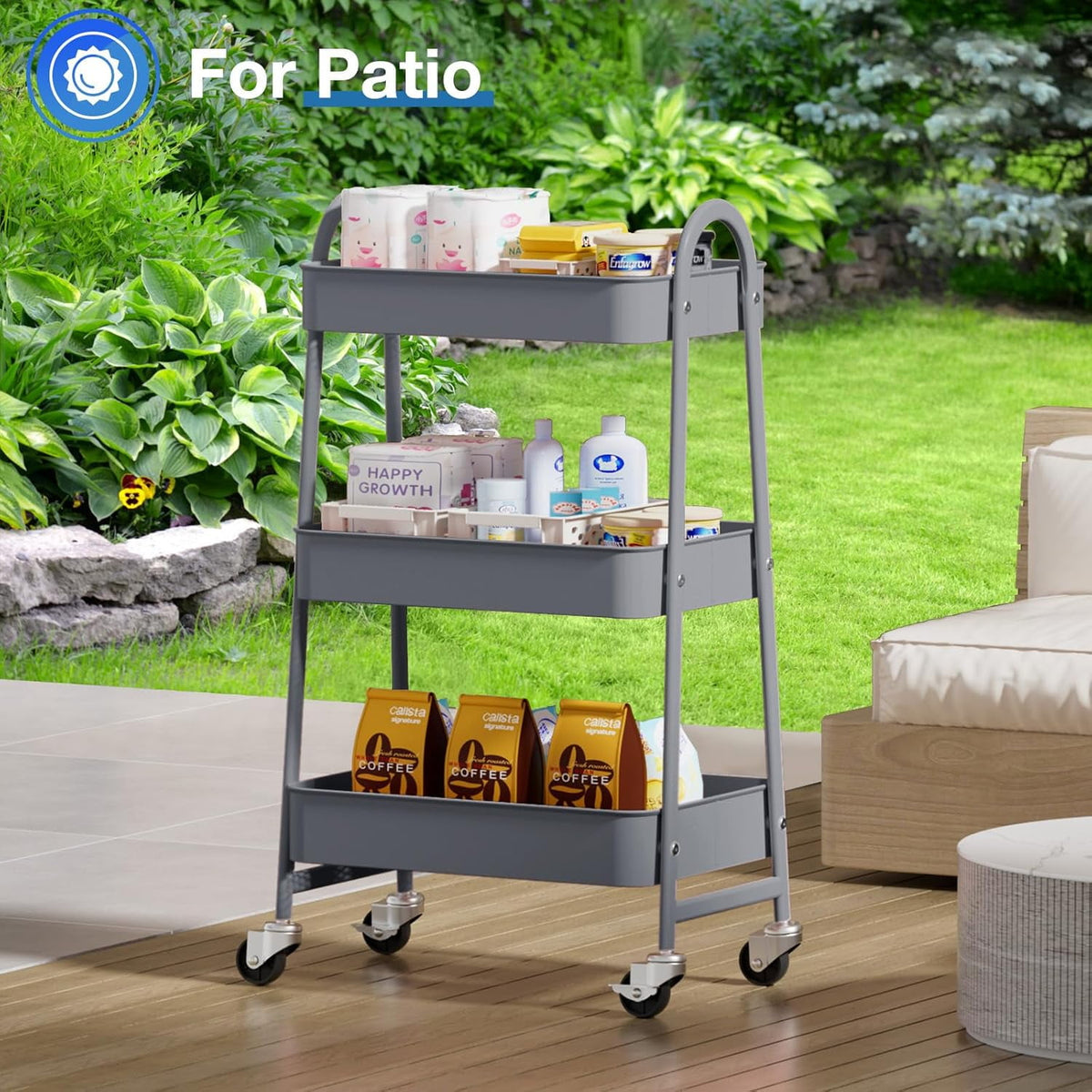 CONCETTA 3-Tier Utility Rolling Cart, Metal Mobile Storage Rack with Lockable Castors for Office, School, Bathroom, Gray