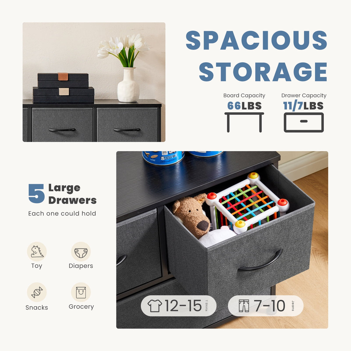 CONCETTA Dresser 5 Fabric Storage Drawer Dresser, TV Stand, Chest of Drawers for Bedroom, Closet, Entryway, Living Room, Gray