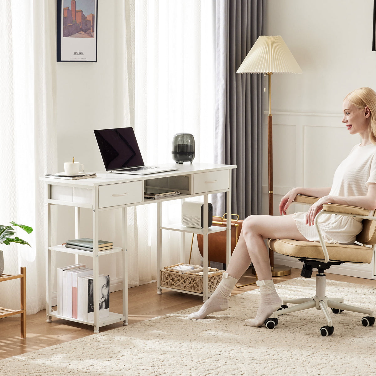 CONCETTA 48 inch Small Desk with Fabric Drawers & Storage Shelves, Computer Desk, Writing Desk for Home Office, Bedroom, White