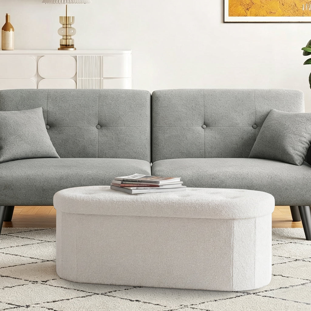 CONCETTA 43in Ottoman with Storage, Folding Foot Rest for Living Room & Bedroom, Versatile Home Bench in Soft Teddy Fabric, White