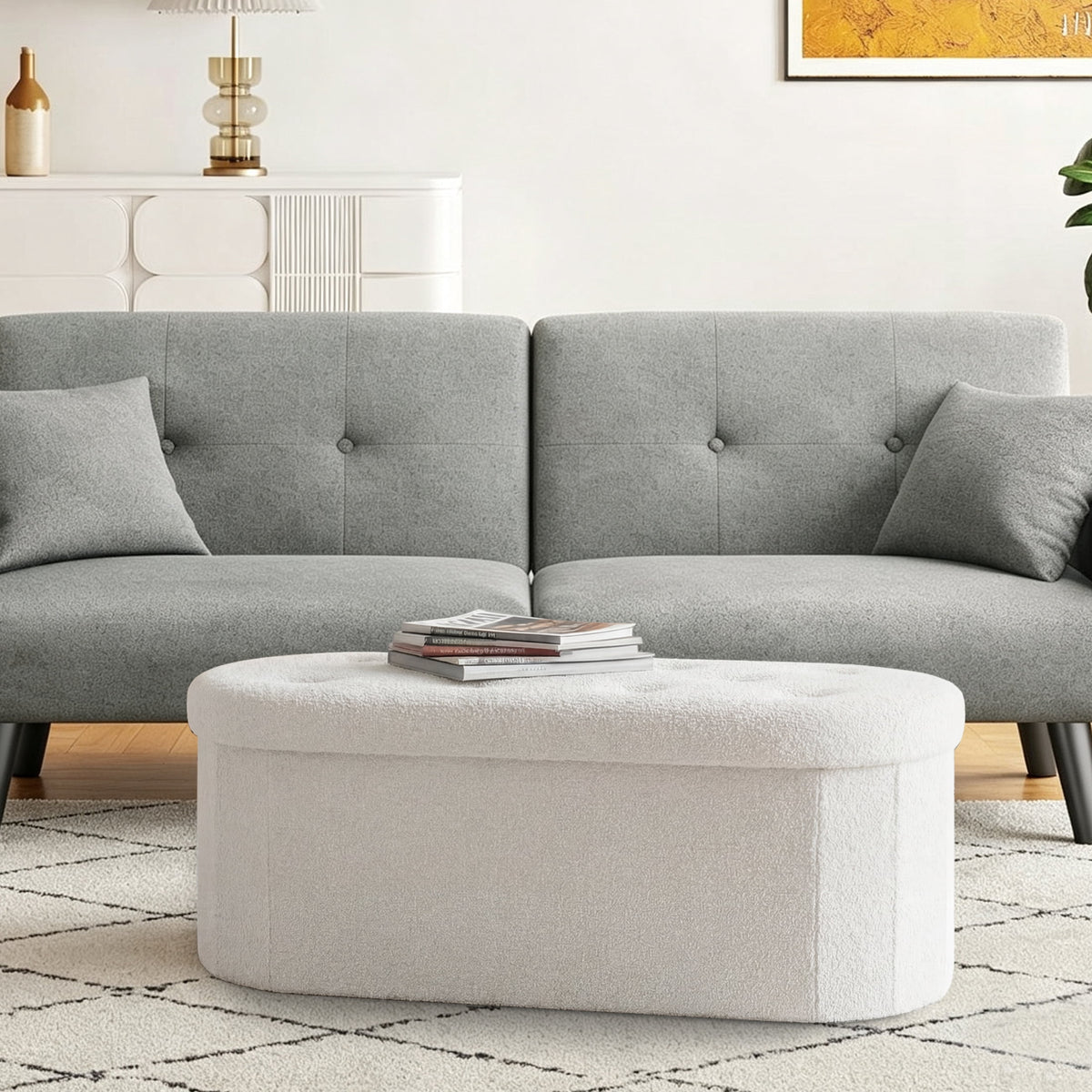 CONCETTA 43in Ottoman with Storage, Folding Foot Rest for Living Room & Bedroom, Versatile Home Bench in Soft Teddy Fabric, White