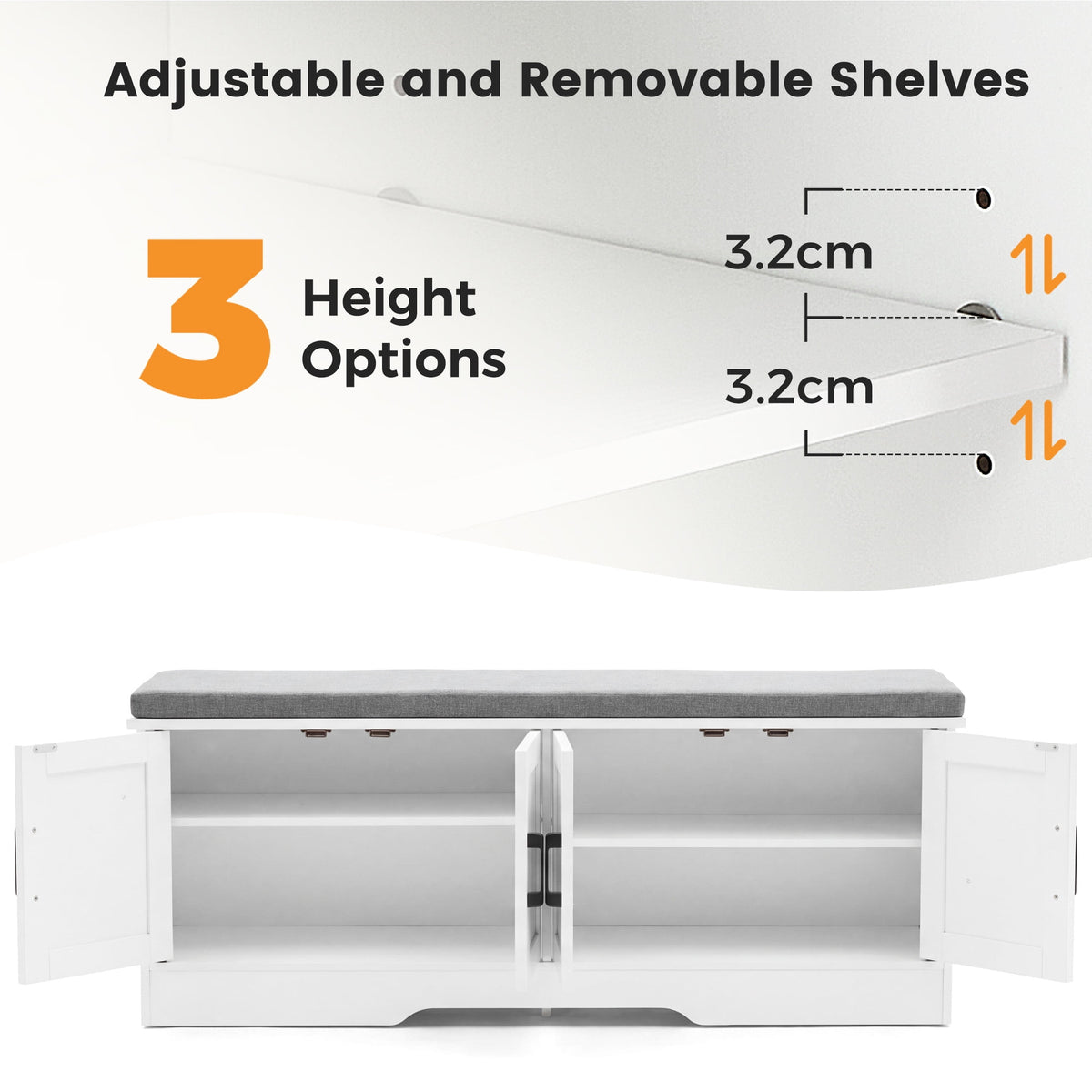 CONCETTA 47 Inch Width White Storage Bench, Padded Seat Entryway Shoe Bench Featuring 4 Barn Doors and Adjustable Storage Shelf