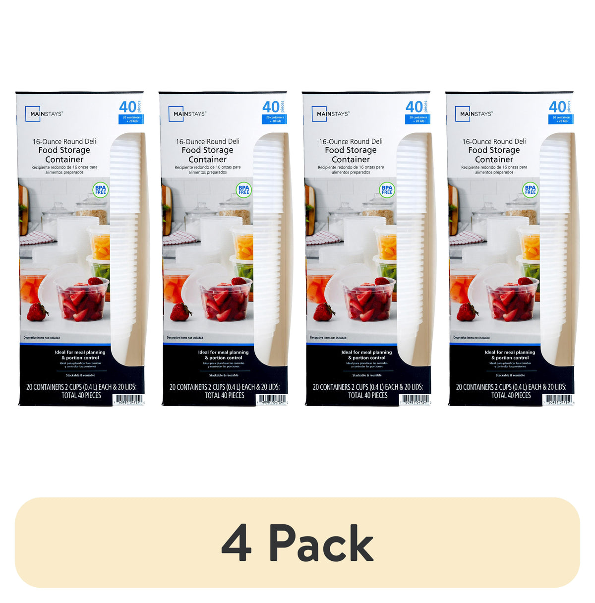 (4 pack) Mainstays Plastic Deli Containers, 40 Pieces, 16 oz, Meal Prep and Batch Cooking