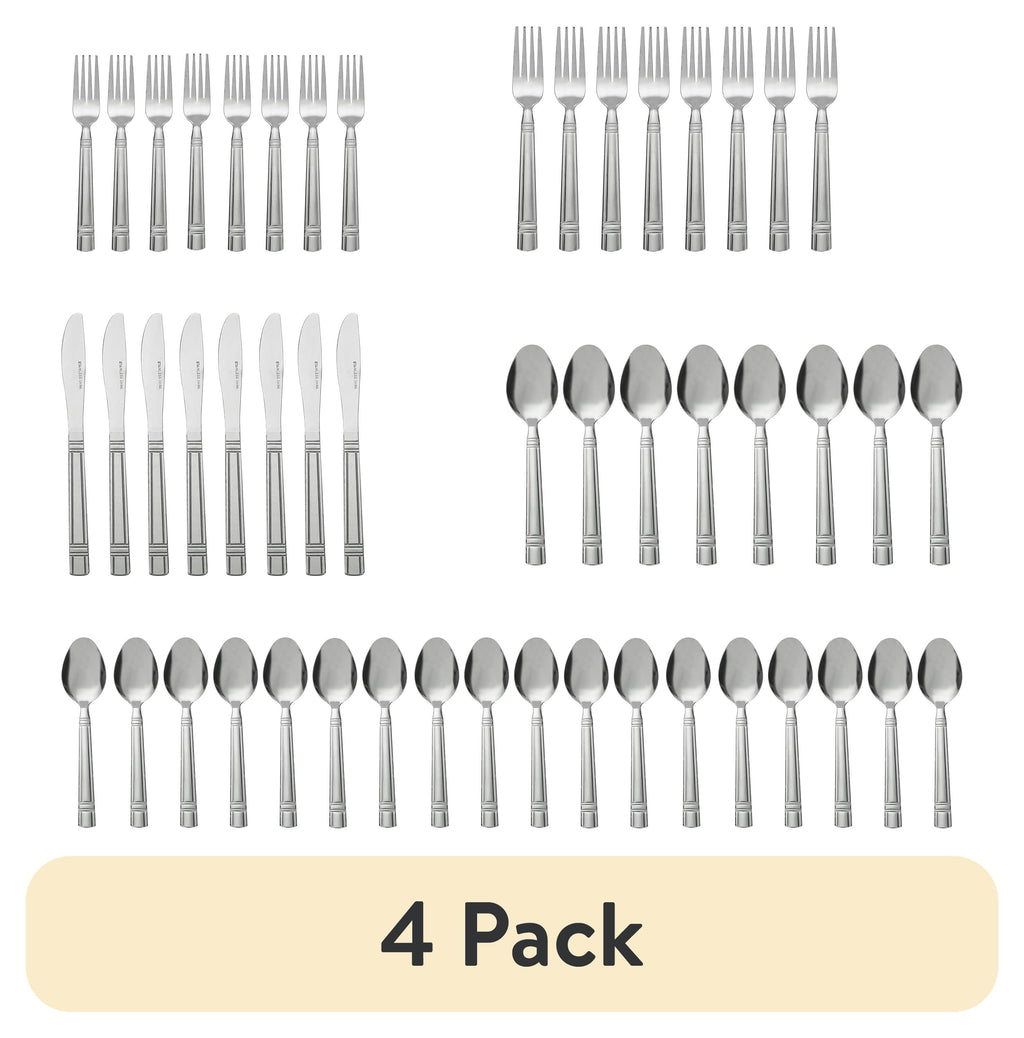 (4 pack) Mainstays 49 Piece Elena Adult Stainless Steel Flatware and Organizer Tray Value Set Silver, Service for 8